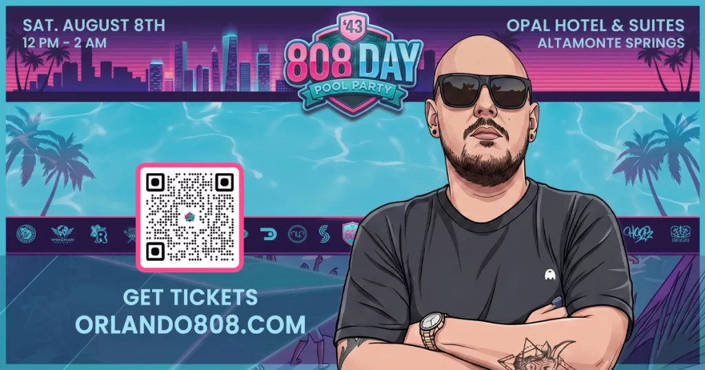Cartoon illustration of Adam Flurk wearing sunglasses in front of the 808 Day Pool Party logo and QR code.