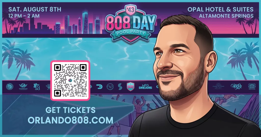DJ Mx cartoon character overlay on the 808 Day Pool Party venue background banner.