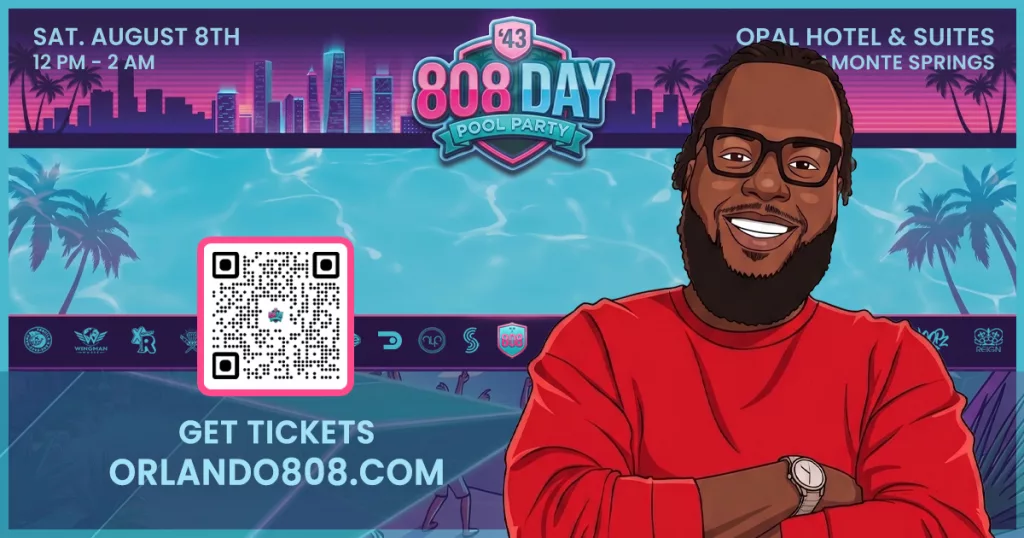 Animated style artist image for DJ Puffington on the 808 Day Pool Party event flyer layout.