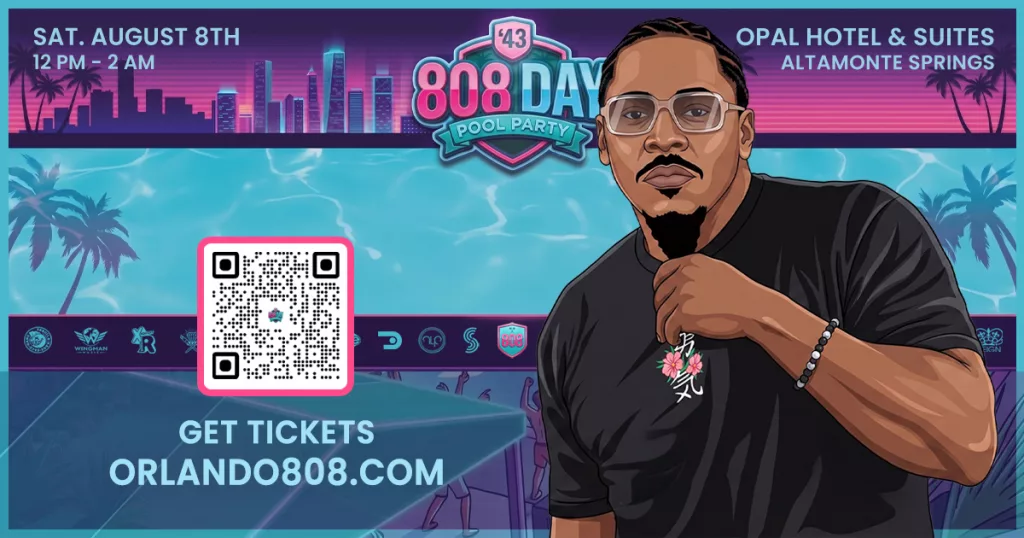 Cartoon avatar of Sporty-O on the official 808 Day Pool Party social sharing image at Opal Hotel & Suites.