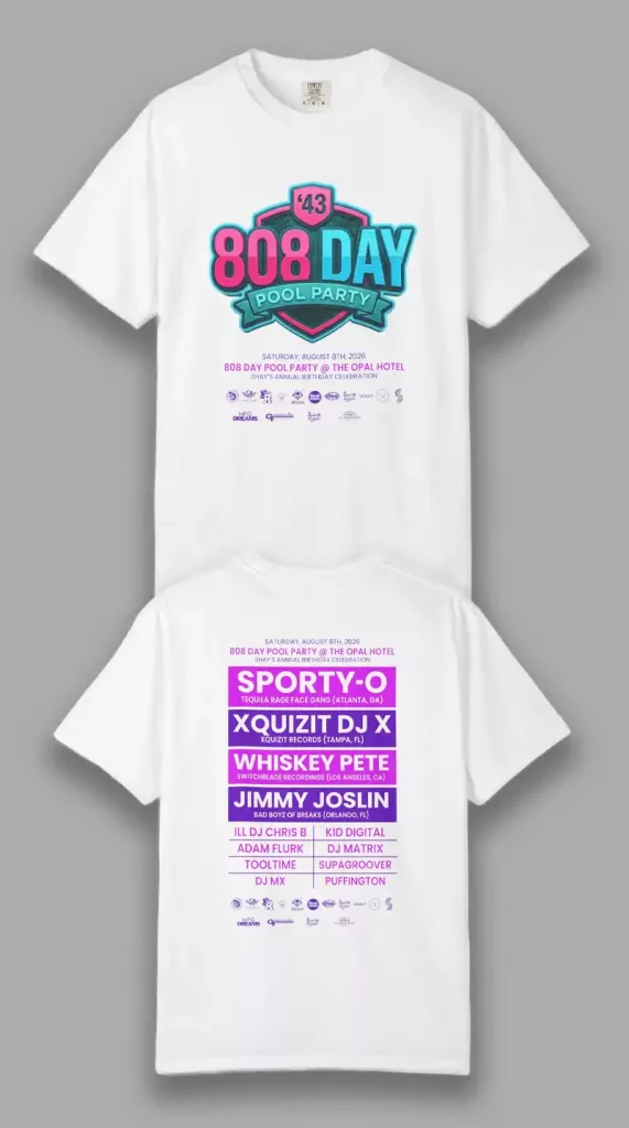 Front and back view of the official white 808 Day Pool Party t-shirt stacked vertically. The top shirt displays the vibrant teal and pink event logo, and the bottom shirt features the full purple and pink color-coded DJ lineup on the back.