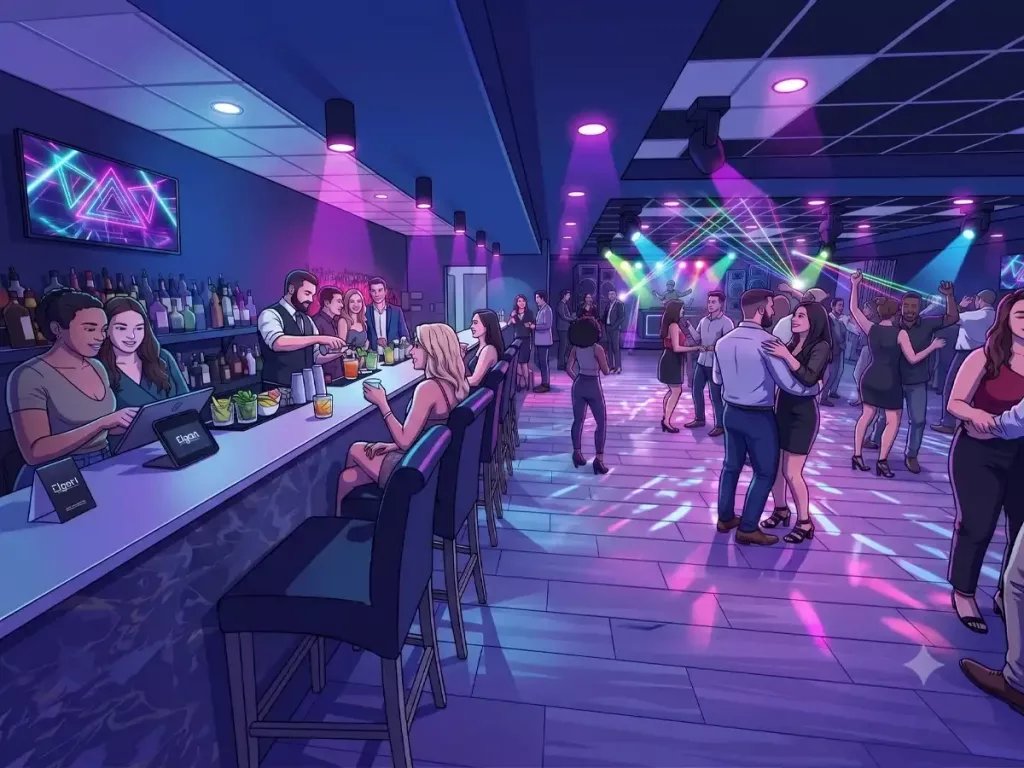 Stylized digital drawing of a neon-lit nightclub filled with people dancing, socializing, and ordering drinks at the bar.