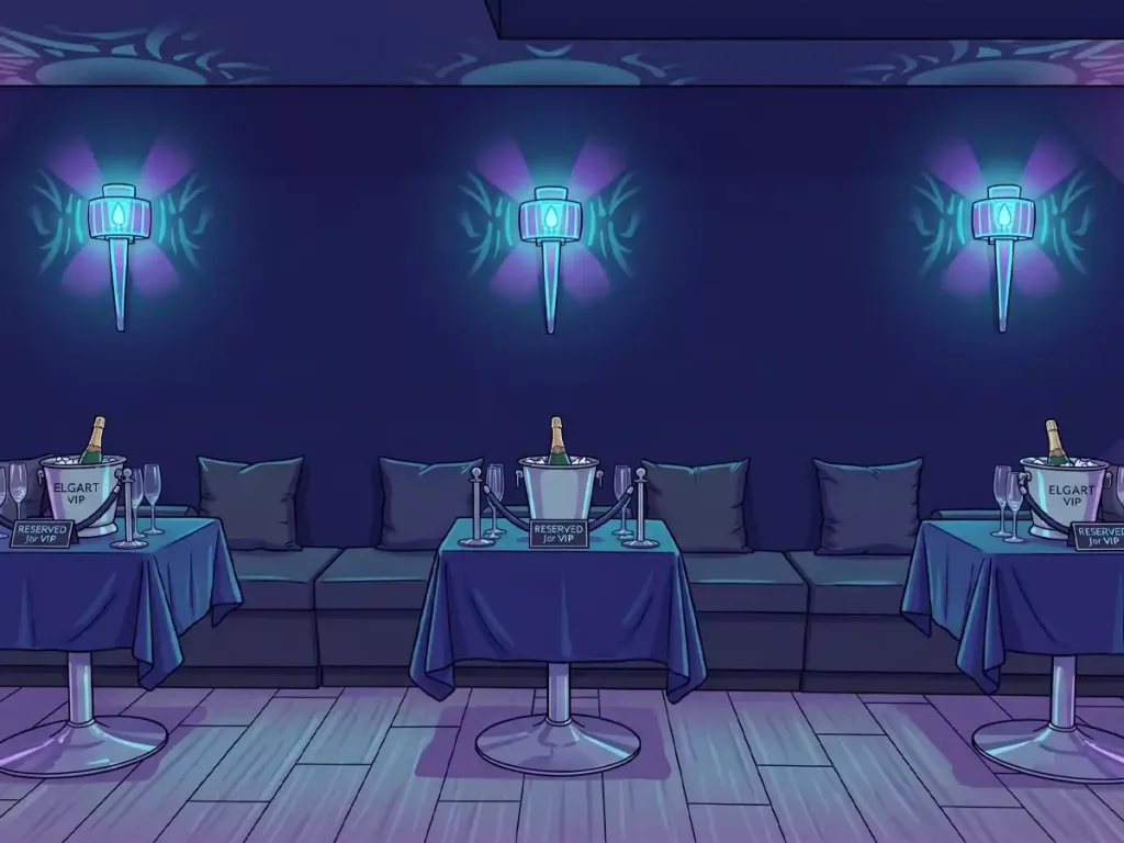 Cartoon illustration of a moody VIP lounge section in a club with blue velvet tables and champagne buckets.