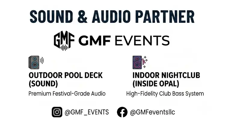 GMF Events official sound and audio partner for 808 Day pool party showing outdoor pool deck festival-grade audio and Opal indoor nightclub high-fidelity club bass system.